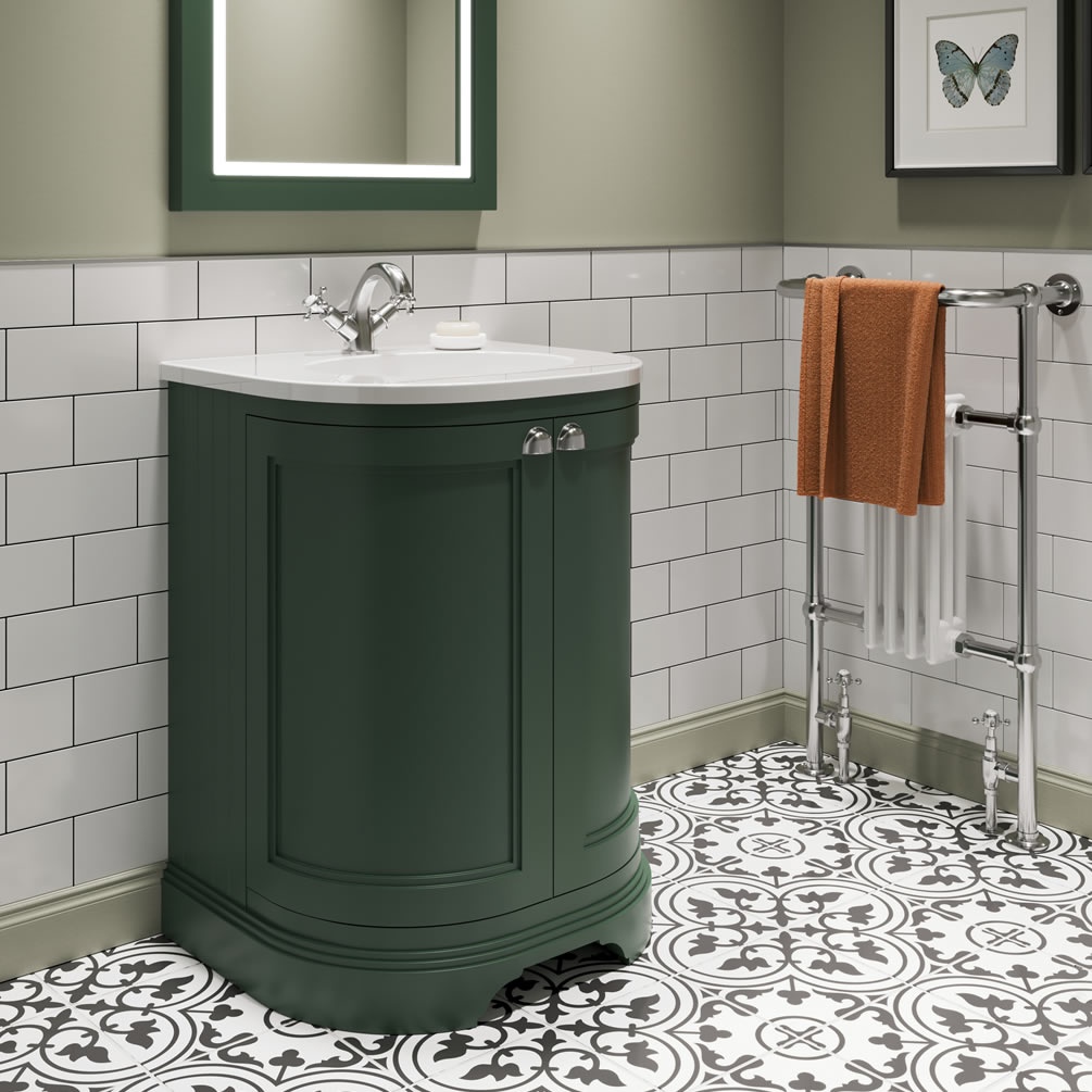 Burlington Matt Green 650mm Freestanding Curved Vanity Unit & Worktop - Image 1